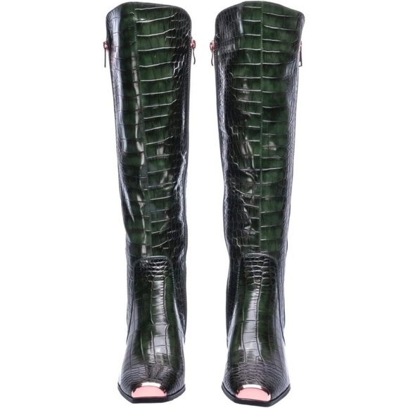Ninety Union London | Tall Croco Printed | High Heel | Gold Tip | Sz 7 | Olive - Picture 1 of 14